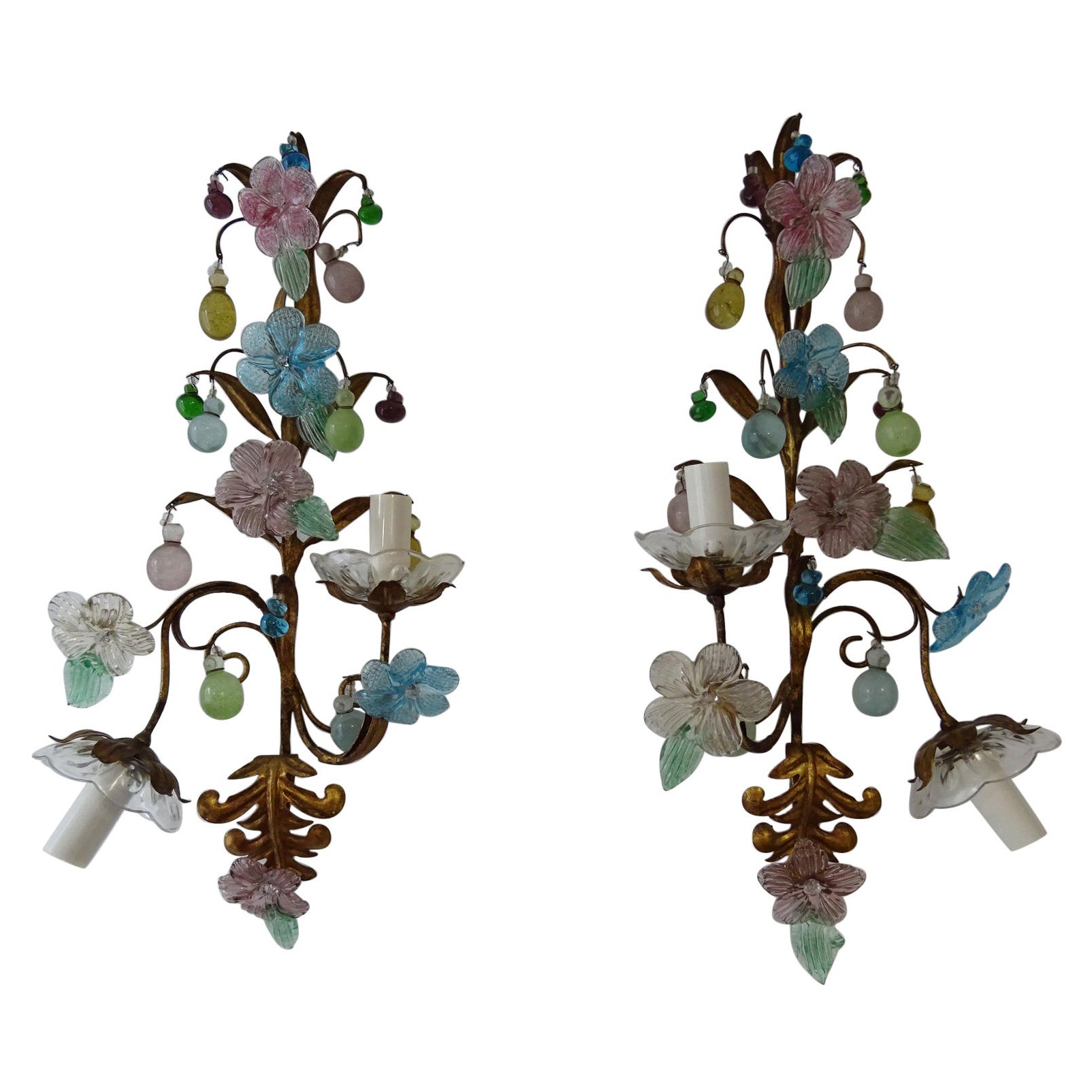  Einzigartige französische farbenfrohe Muranoglas-Blumen- und Tropfen-Wandleuchter, um 1930 im Angebot