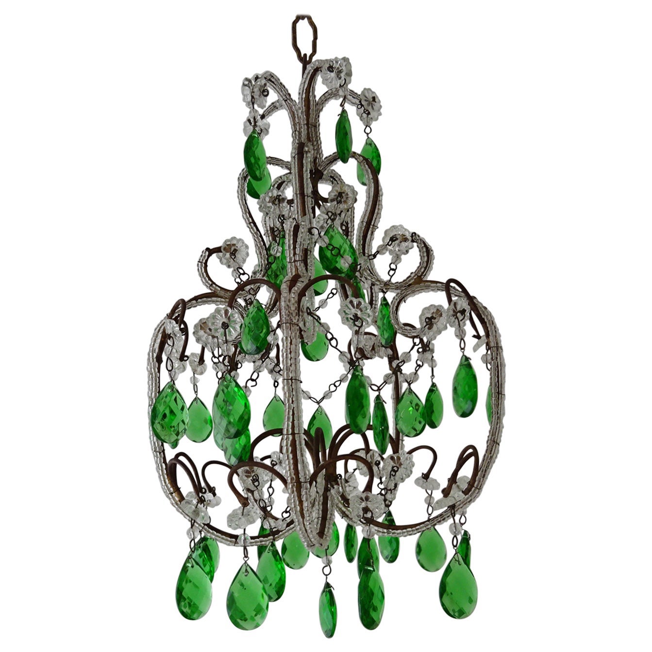French Beaded Emerald Green Prisms Petit Beaded Small Chandelier, circa 1920 For Sale