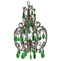Antique French Beaded Emerald Green Prisms Petit Beaded Small Chandelier, circa 1920