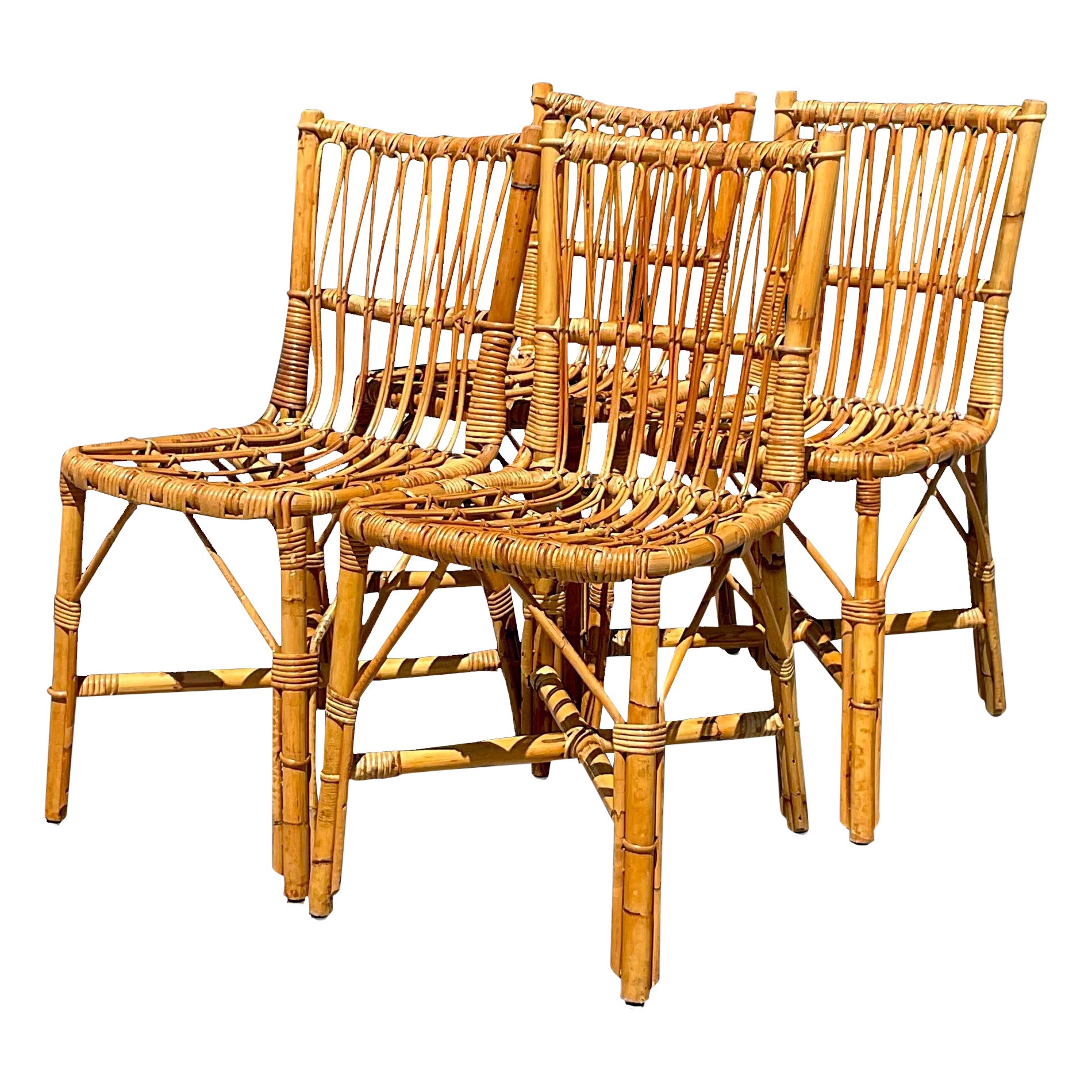 Vintage Coastal Bent Rattan Dining Chairs - Set of 4