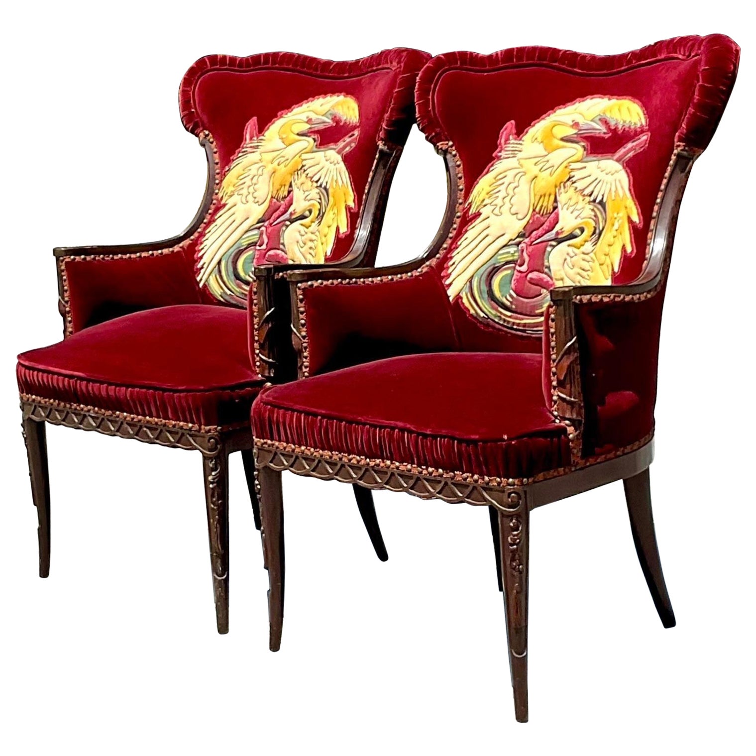 Vintage Boho Ruched Velvet Crane Arm Chairs - a Pair For Sale