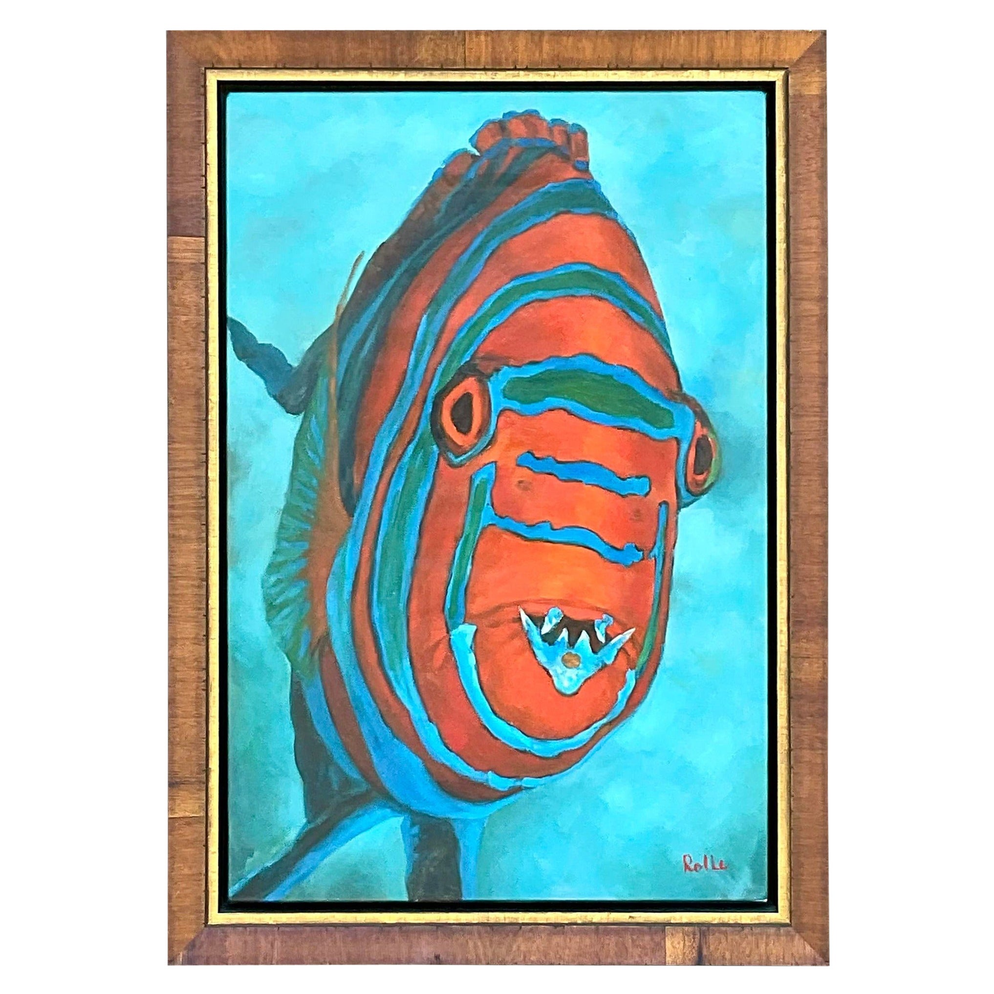 Pittura ad olio originale vintage della costa firmata di pesce
