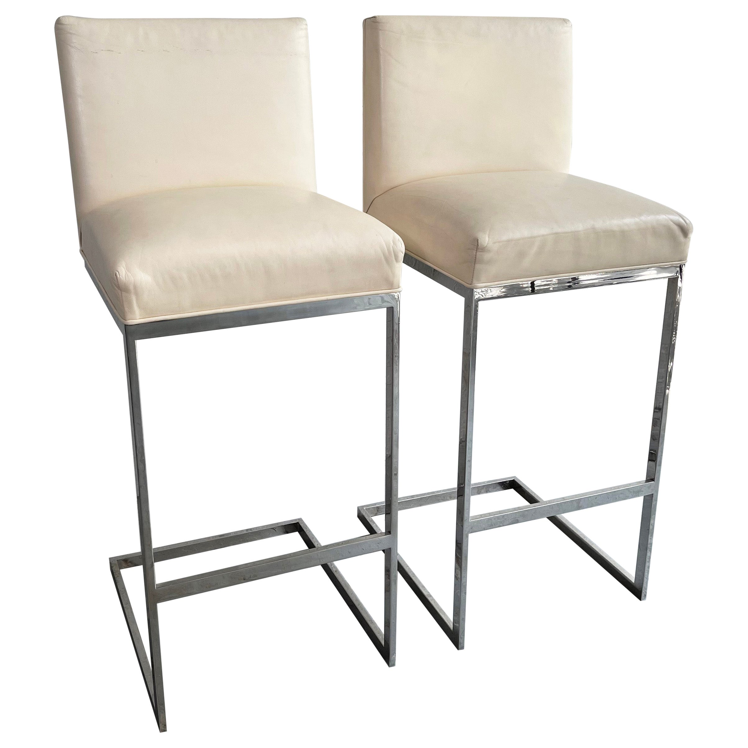 Minimal Leather Chrome Cantilever Bar Stools For Sale