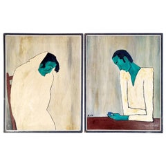 Pair of Modernist Paintings, Oil on Wood Original Paintings, Zorzenon, Italy