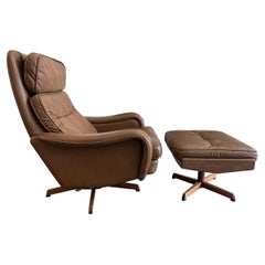 Retro Midcentury Danish Modern Leather Lounge Chair Ottoman by Madsen & Schubell