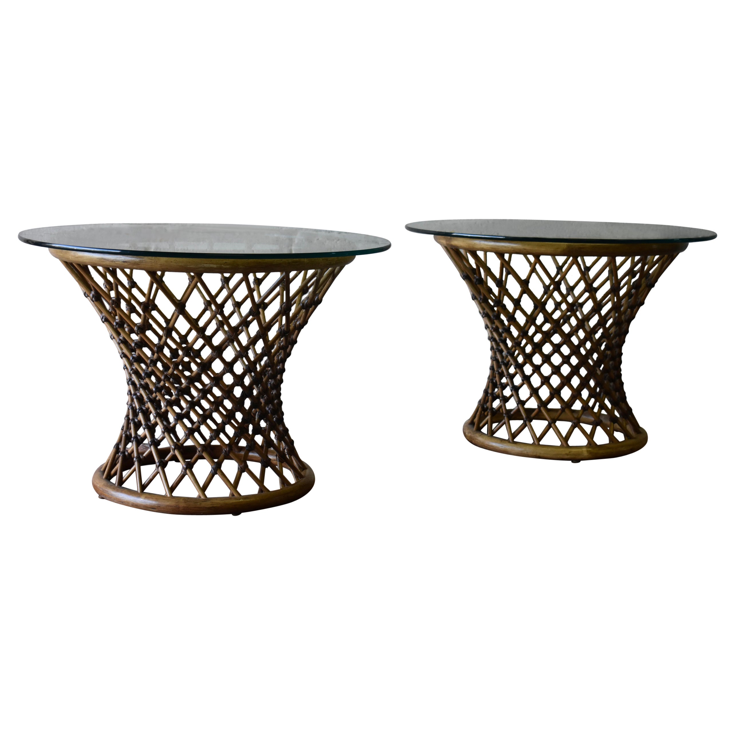 Mid-Century Modern Rattan + Glass End Tables / Side Tables