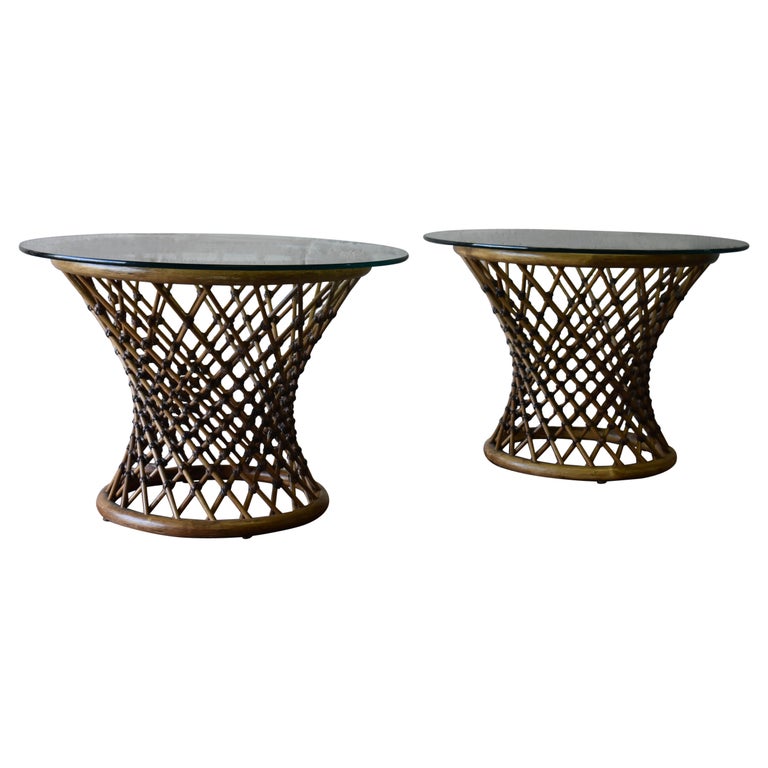 MidCentury Modern Rattan + Glass End Tables / Side Tables For Sale at
