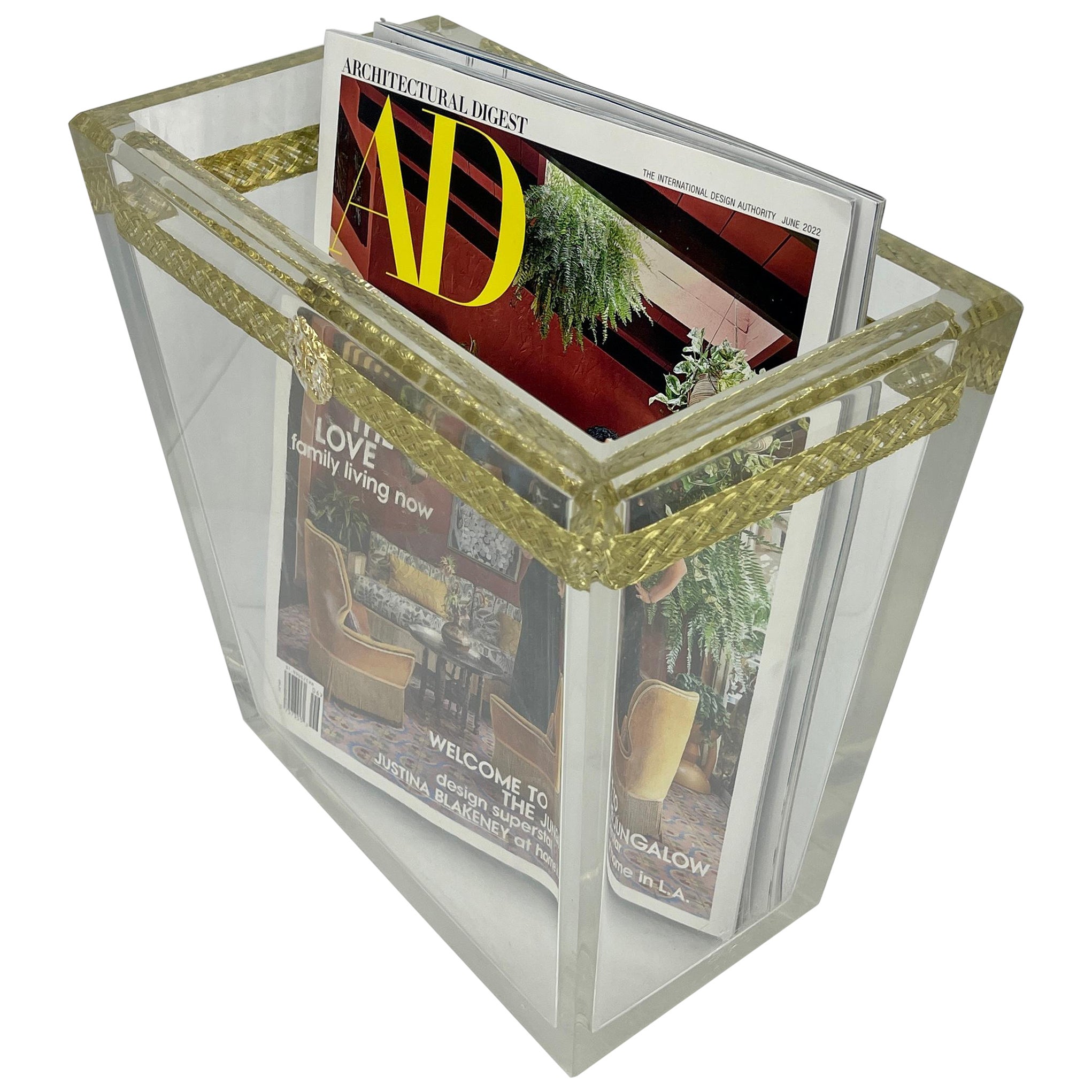 Thick Lucite Italian Magazine Rack with Lion Head and Gilt Metal Thread, Italy