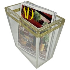Vintage Thick Lucite Italian Magazine Rack with Lion Head and Gilt Metal Thread, Italy