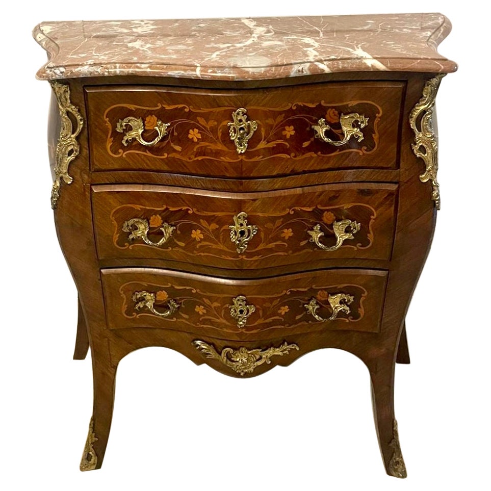 Antique Victorian French Quality Kingwood Inlaid Marquetry Marble Top Commode