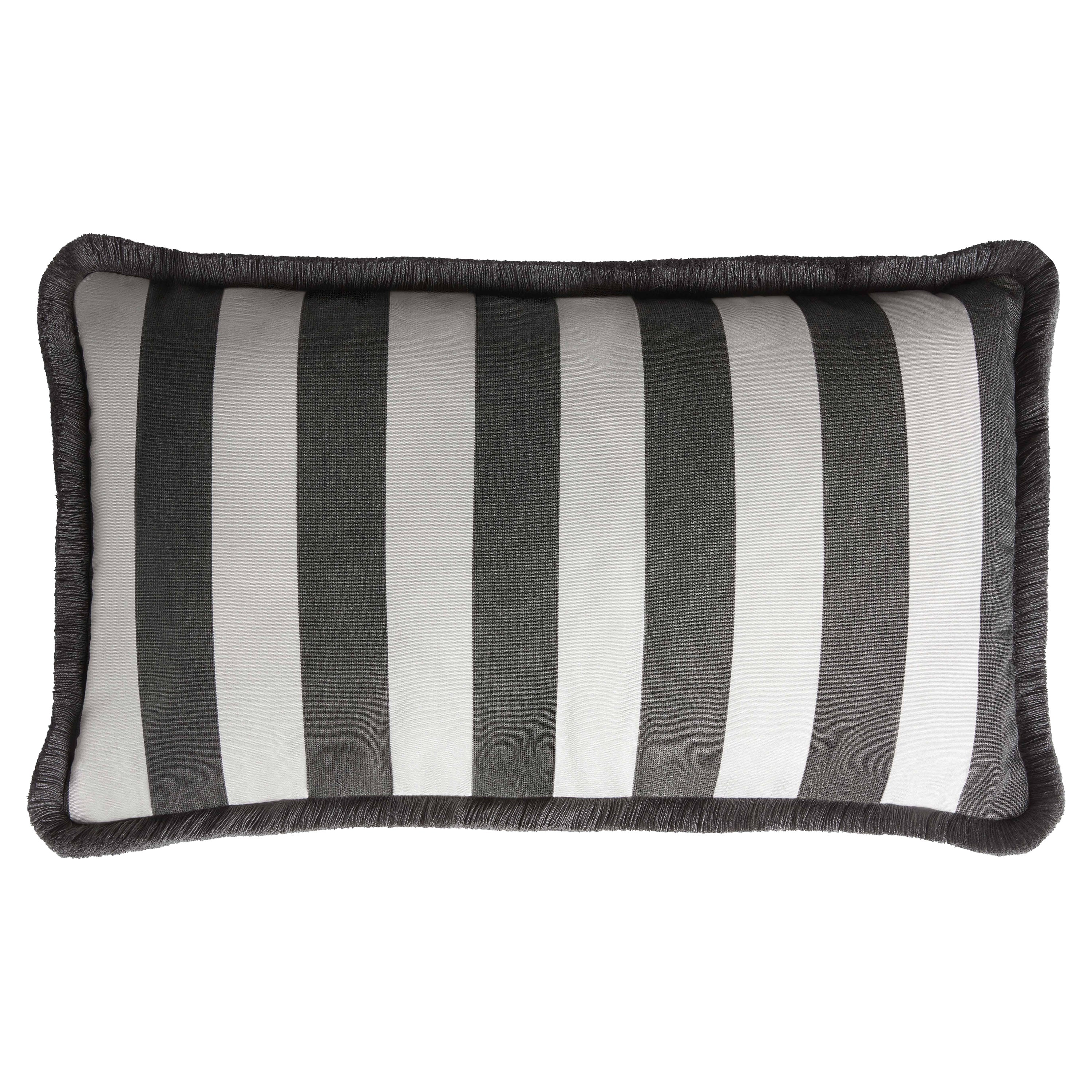 Striped Happy Pillow Outdoor with Fringes White and Carbon Water Repellent For Sale