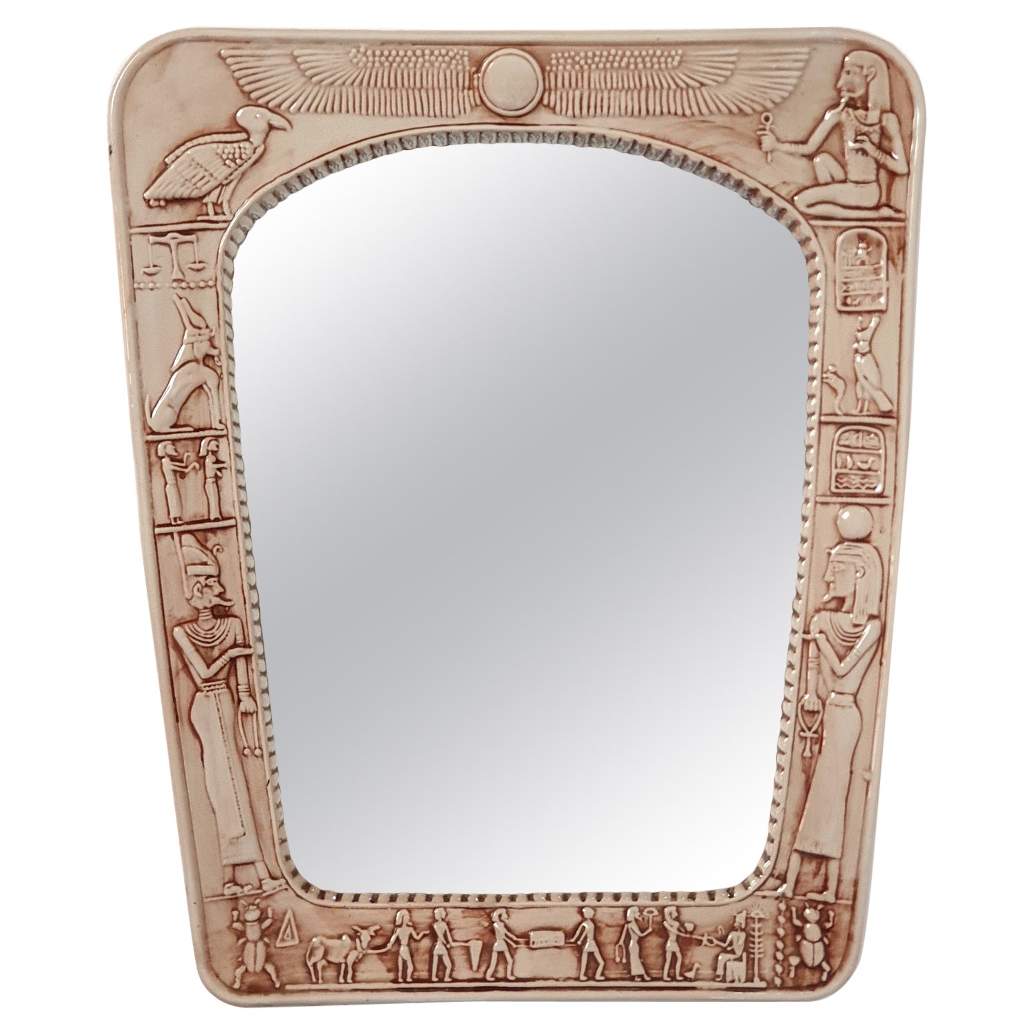 Midcentury Ceramic Mirror with Egyptian Decor, Italy For Sale