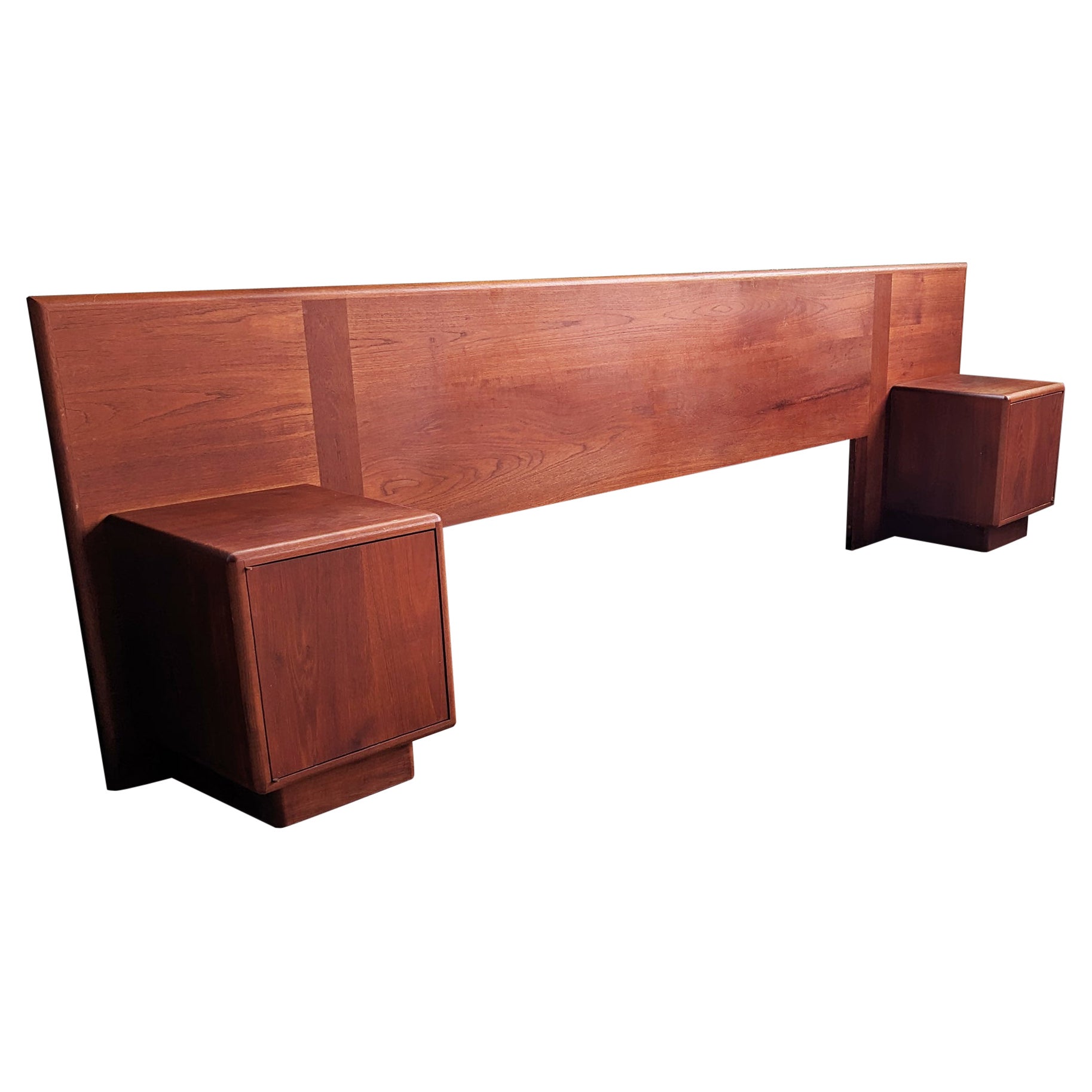 Danish MCM Long Rosewood Teak Headboard with Attached Storage Nightstands, 70s For Sale
