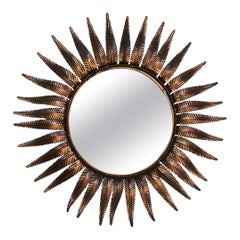Vintage Round Spanish Copper Plated Metal Sunburst Mirror with Fern Leaf Frame