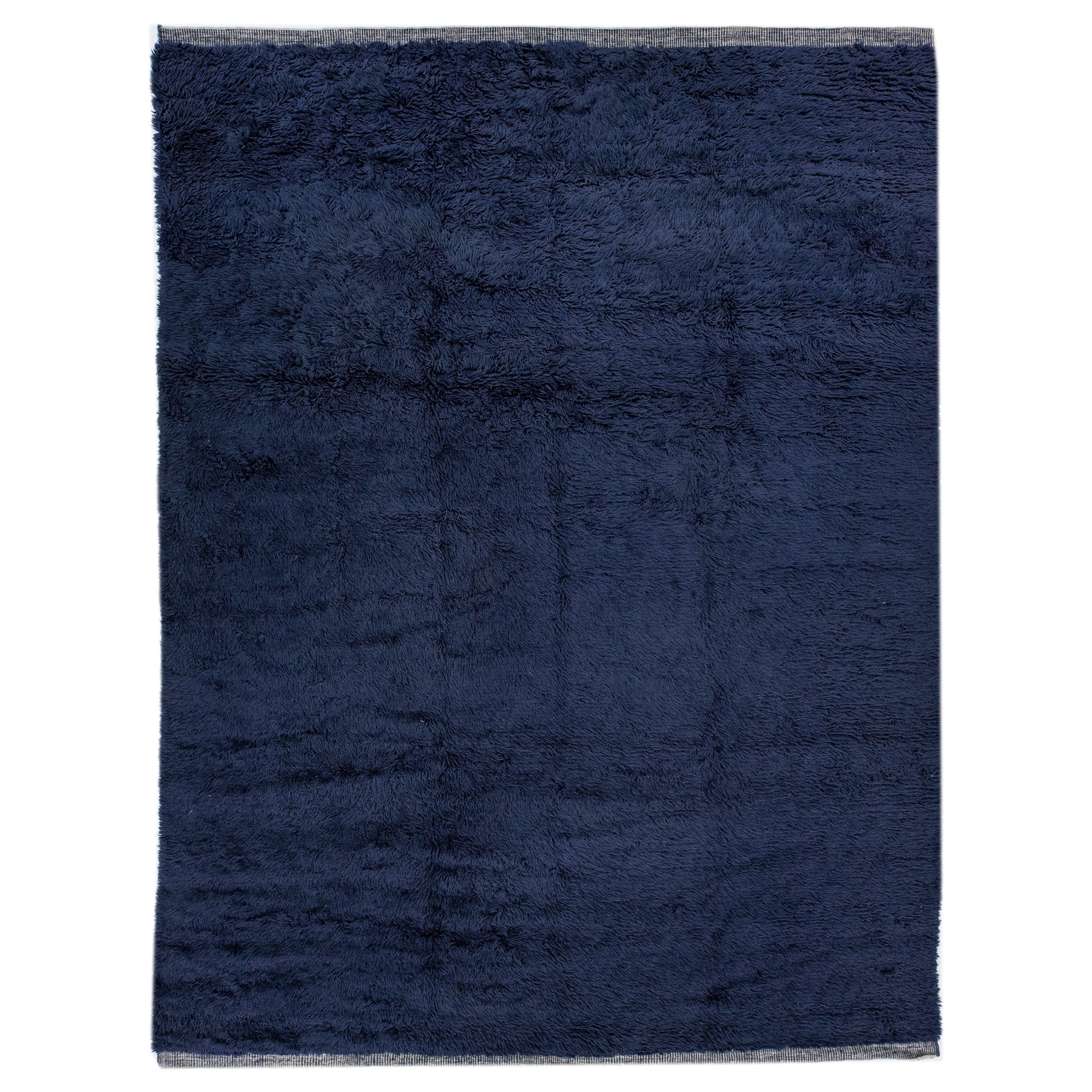 Modern Handmade Moroccan Style Wool Rug with Navy Blue Solid Field
