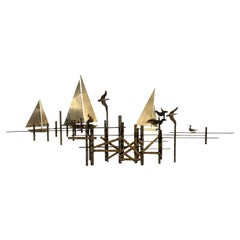 Sculpture murale en métal du 20e siècle, oiseaux et voiliers, de Curtis Jere