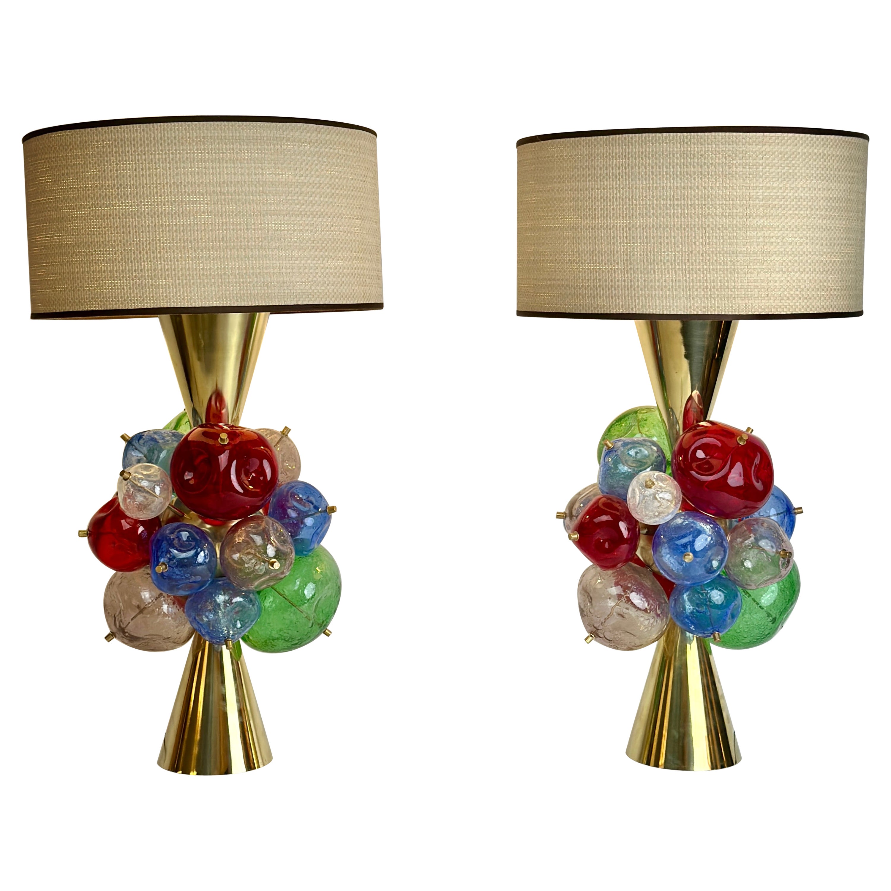 Late 20th Century Pair of Brass & Multicolored Pulegoso Art Glass Table Lamps