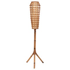 Midcentury Rattan and Bamboo Floor Lamp Franco Albini Style, Italy, 1960s