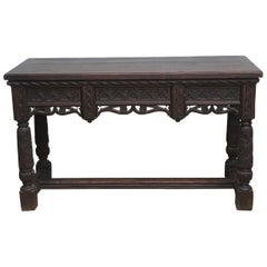 19th Century English Oak Elizabethan Gothic Style Hand Carved Console Hall Table