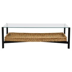 Mid-Century Modernist Coffee Table with Black Frame, Glass Top and Rattan Basket