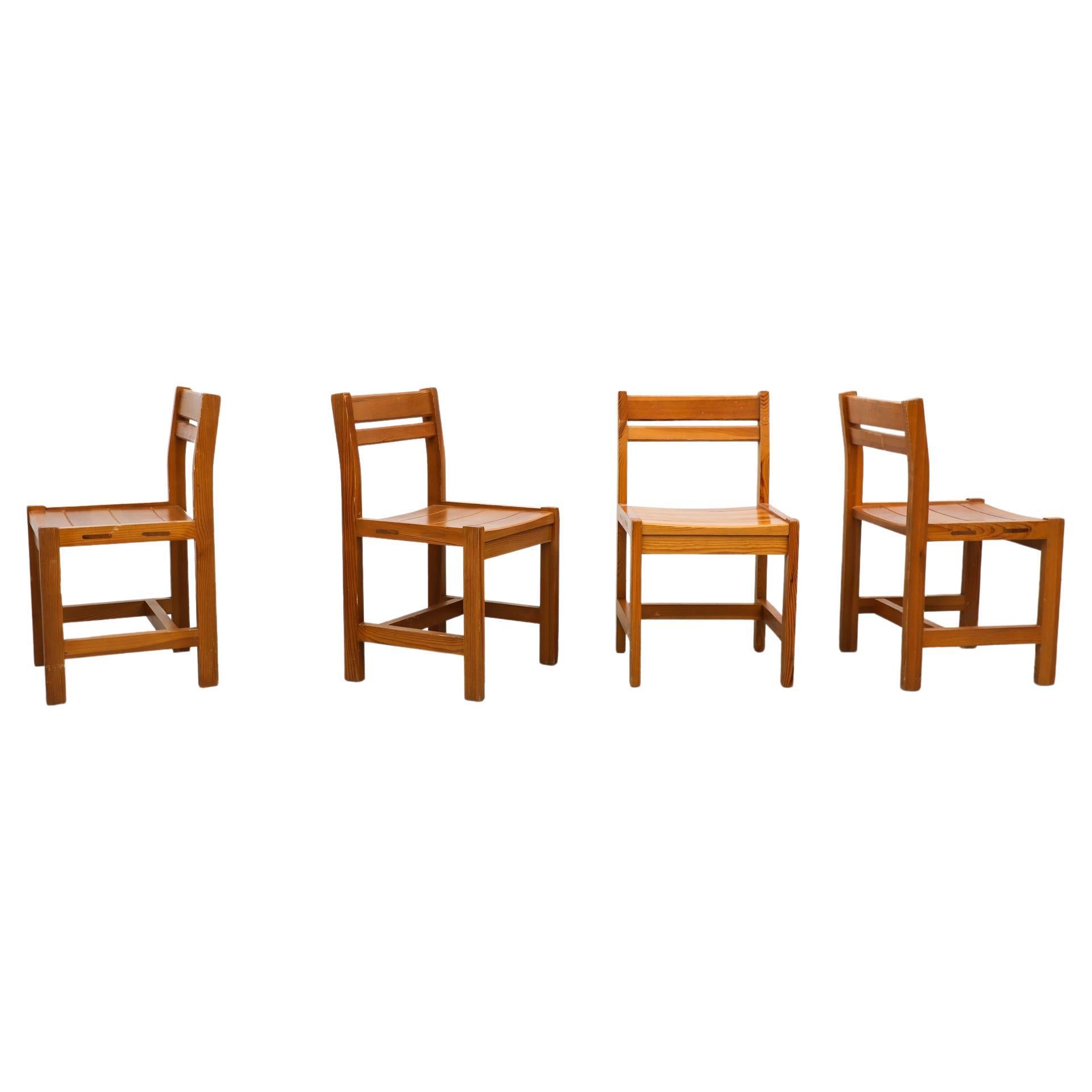 Set of 4 Tapiovaara Inspired Slatted Pine Dining Chairs by Lundia w/ Cube Frames For Sale