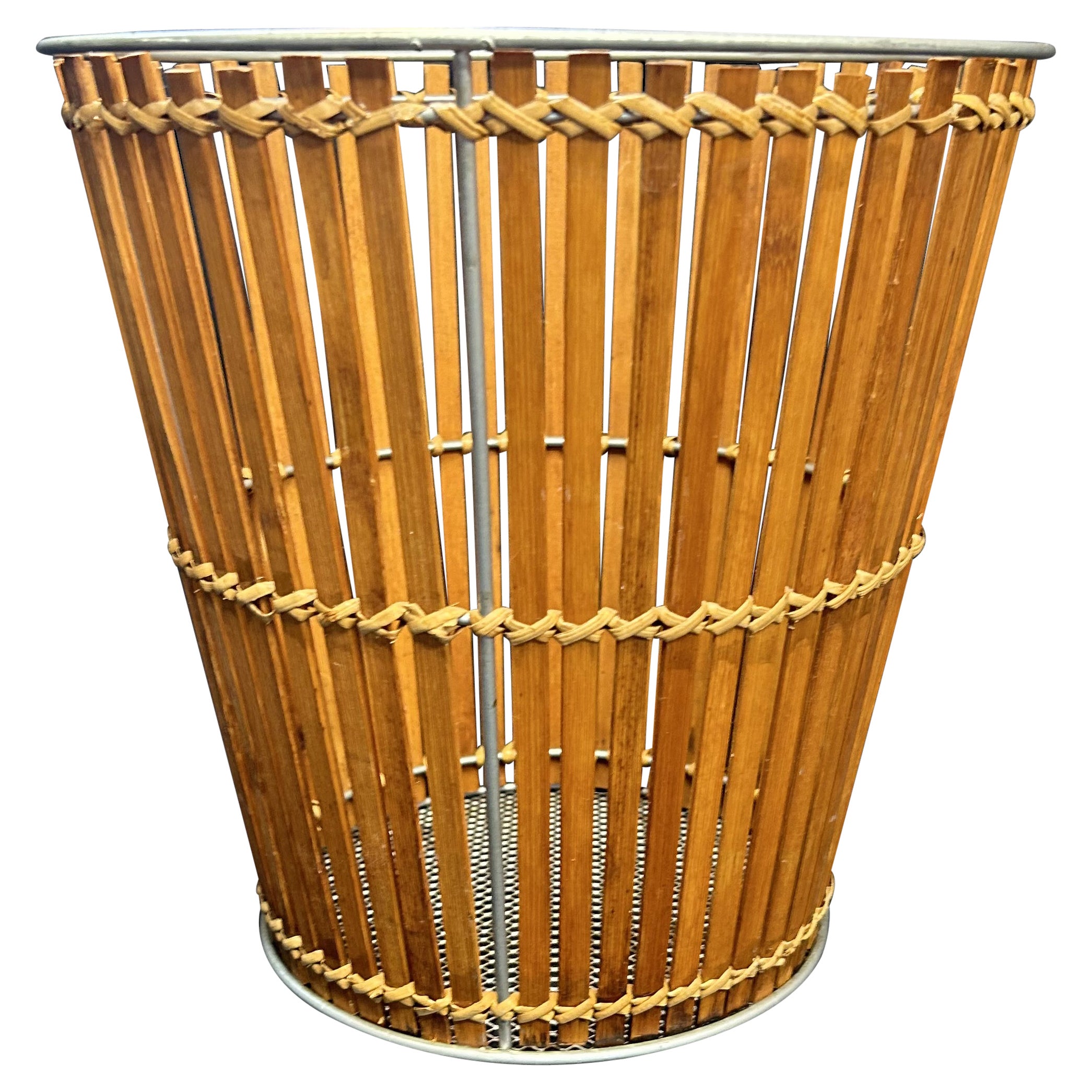 Slatted Bamboo and Rattan Waste Paper Basket