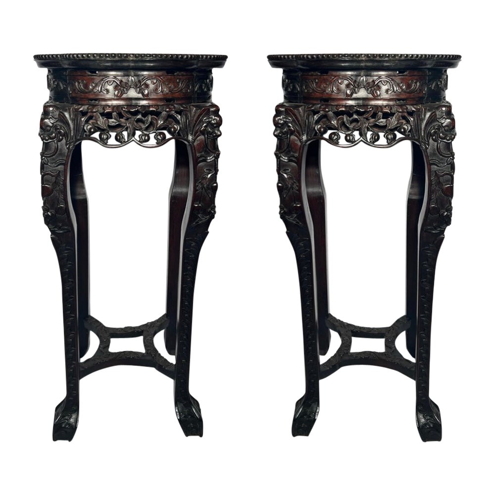 Pair Antique Carved Chinese Teak Wood Stands with Marble Tops For Sale