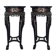 Pair Antique Carved Chinese Teak Wood Stands with Marble Tops