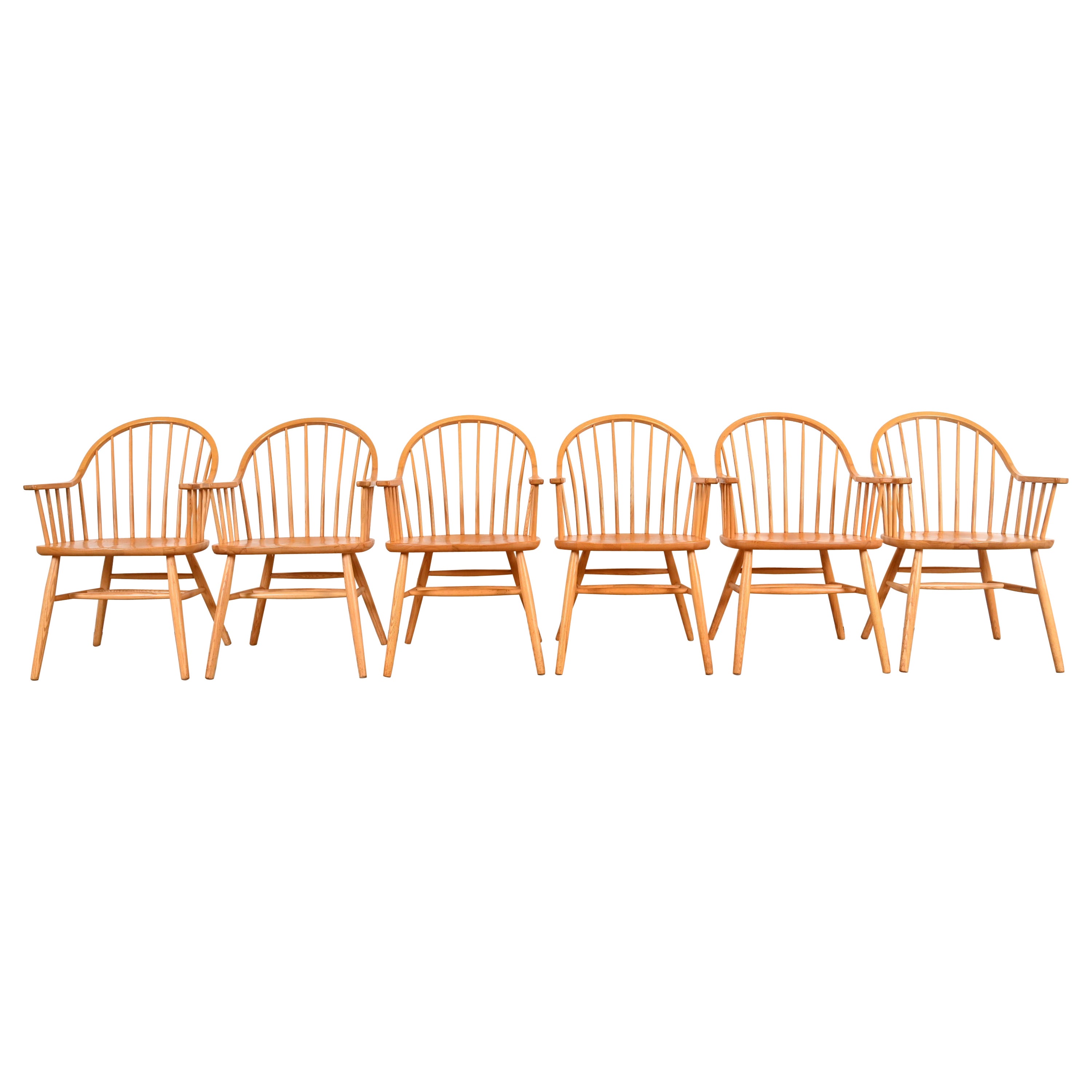 Claud Bunyard for Nichols & Stone American Windsor Oak Dining Armchairs, Six For Sale