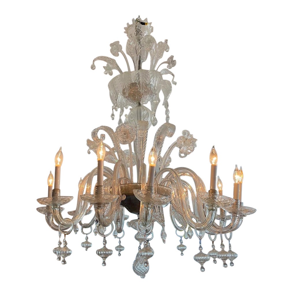Italian 1950s 12 Arm Murano Transparent Glass Chandelier with Pleated Shades For Sale
