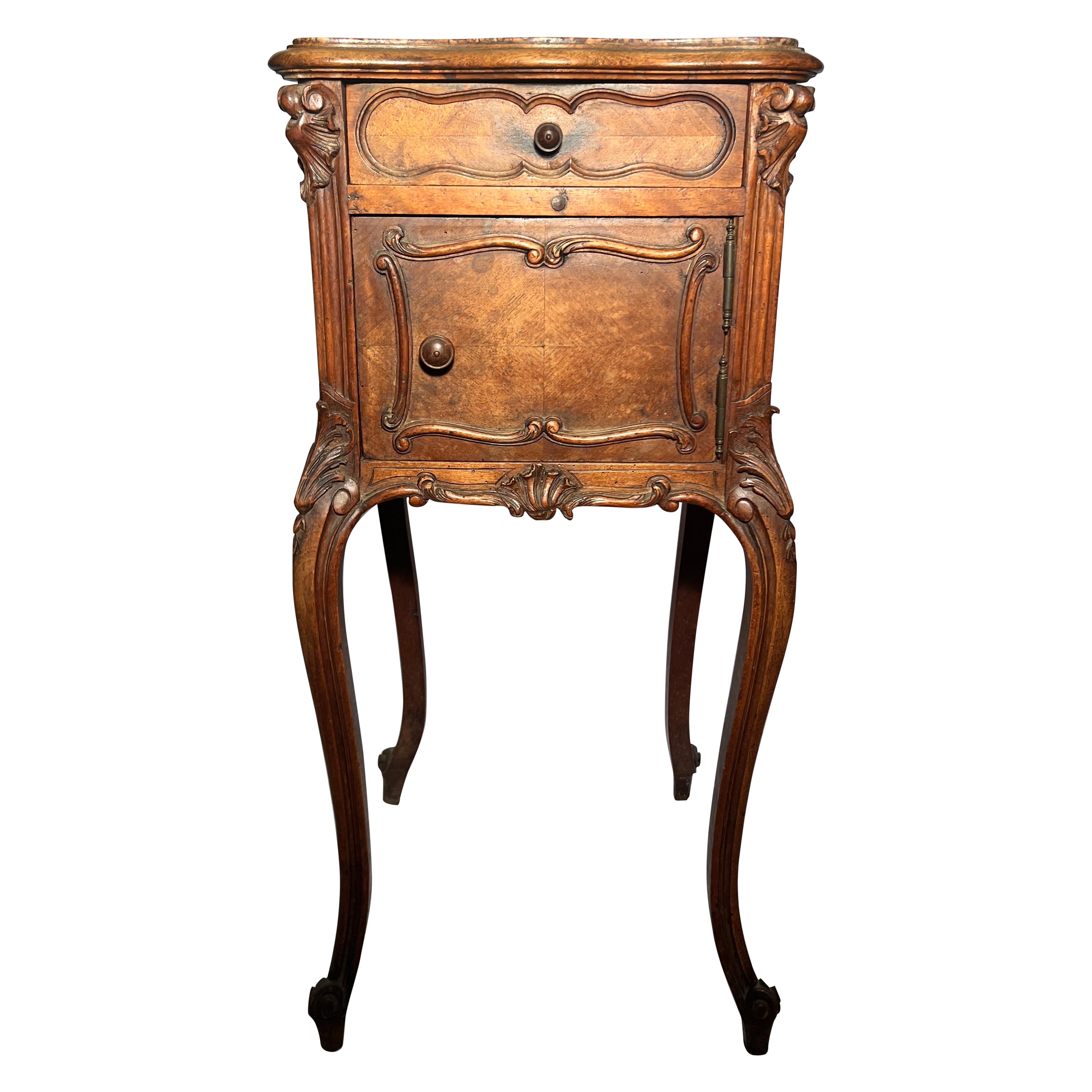 Antique French Walnut Louis XV Marble Top Beside Table, circa 1880 For Sale