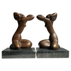 Pair of Bronze on Marble Female Figure Bookends