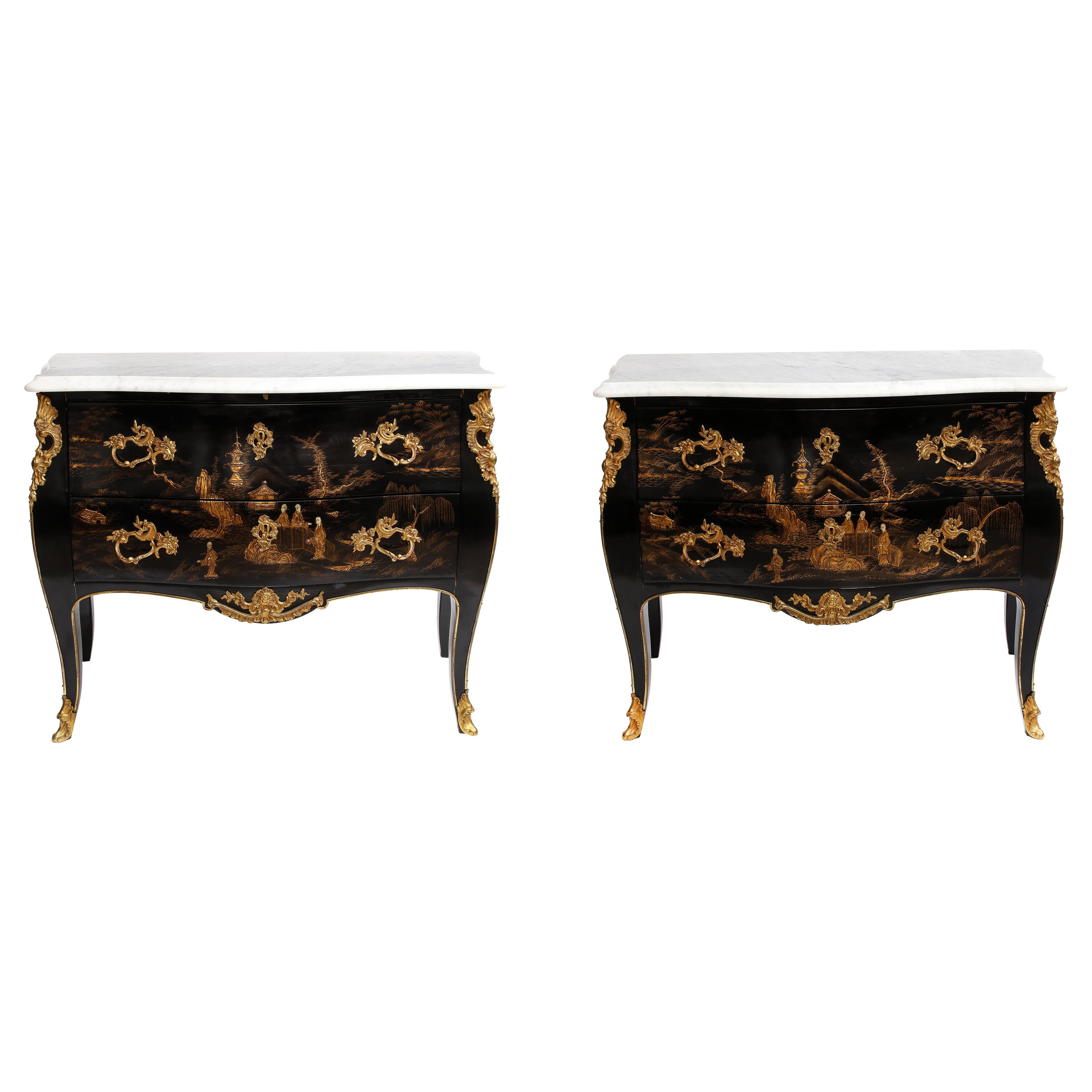 A Pair of French Chinoiserie Lacquered & Gilt Marble Top 2-Drawer Commodes For Sale