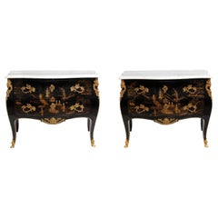 A Pair of French Chinoiserie Lacquered & Gilt Marble Top 2-Drawer Commodes
