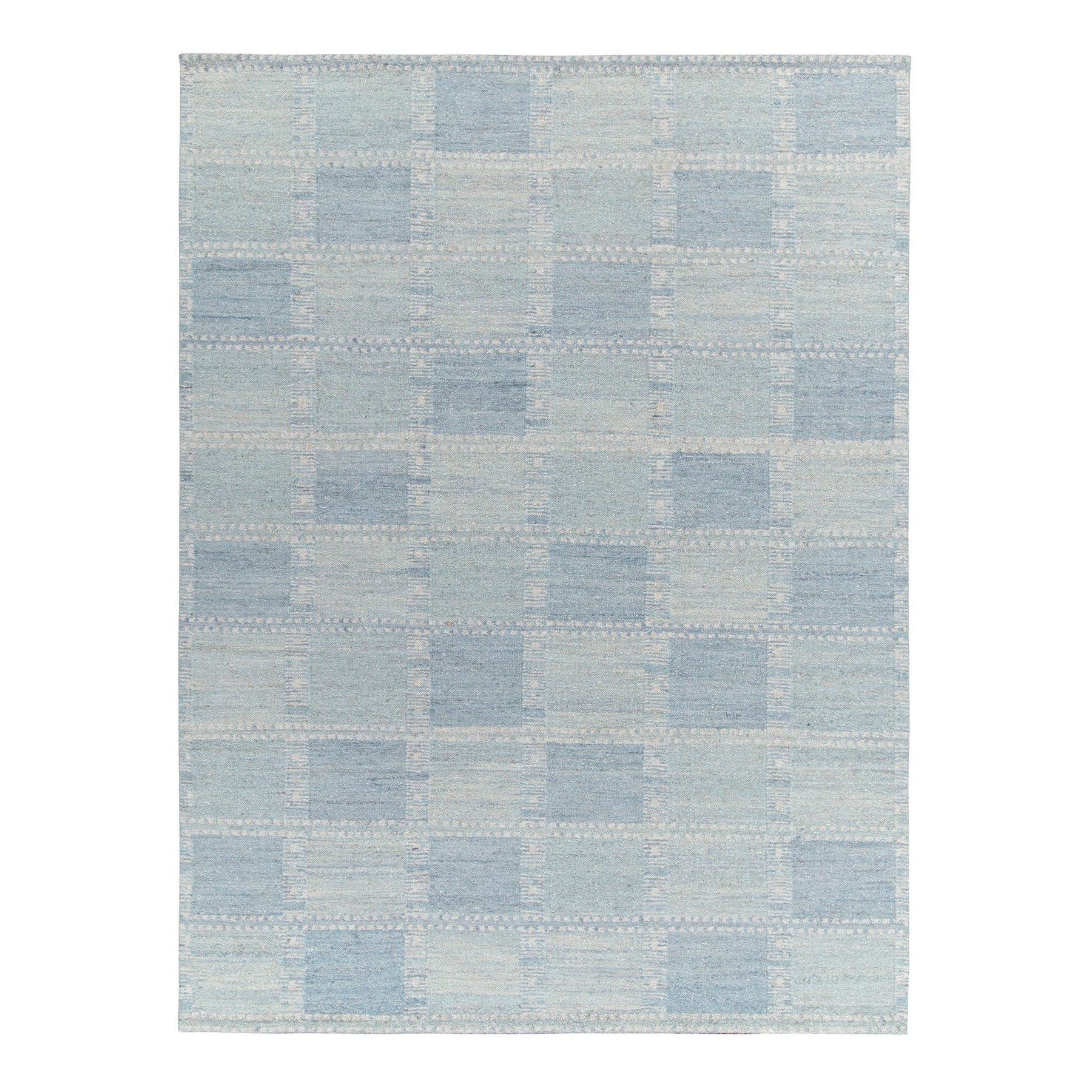 Handgewebtes Flachgewebe-Teppich im skandinavischen Stil mit blauem geometrischem Muster von Rug & Kilim