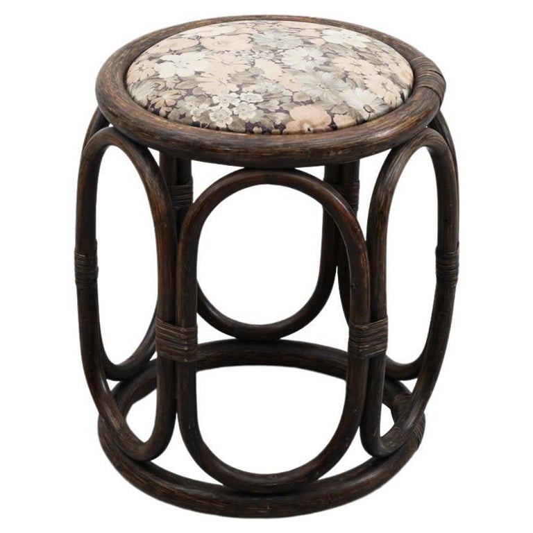Mid-Century Manou Dark  Bamboo Foot Stool with Floral Cushion For Sale