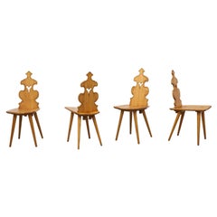 Set of 4 Tyrolean Style Blonde Brutalist Chairs w/ Hand Carved Decorative Back