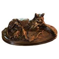 Emmanuel Fremiet, Bronze Patinated Statue of Mother Cat and Kittens
