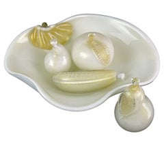 Murano White Gold Flecks Italian Art Glass Conch Shell Bowl Fruit Sculptures Set