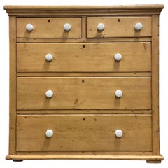 19th-C. English Pine Commode / Chest of Drawers W/ Blue & White Ticking