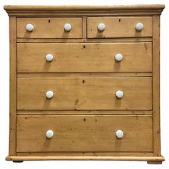 Antique 19th-C. English Pine Commode / Chest of Drawers W/ Blue & White Ticking