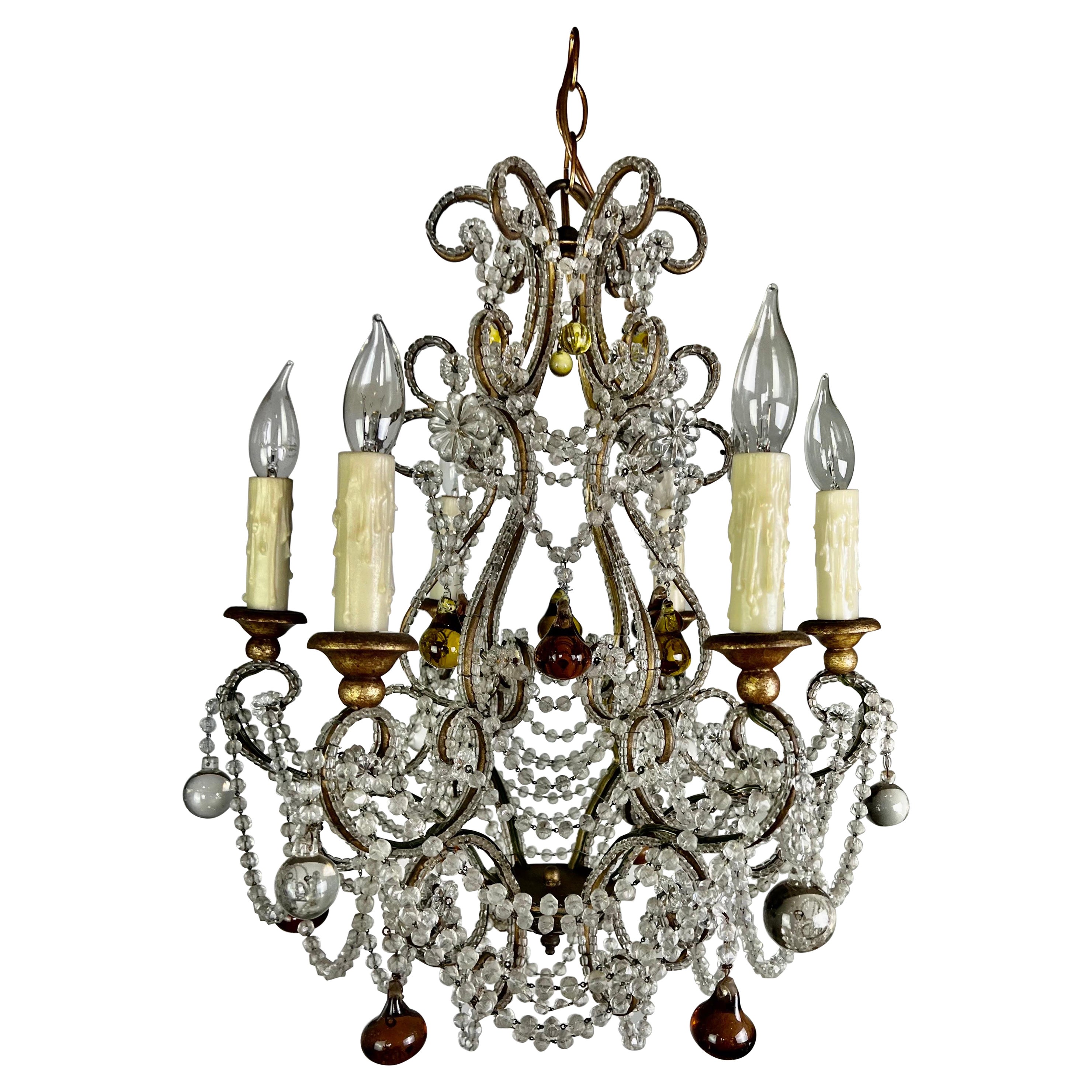 French Crystal Beaded Chandelier W/ Amber Drops, circa 1930 For Sale