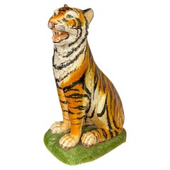 Hollywood Regency Monumental Signed Italian Terracotta Seated Tiger Figurine