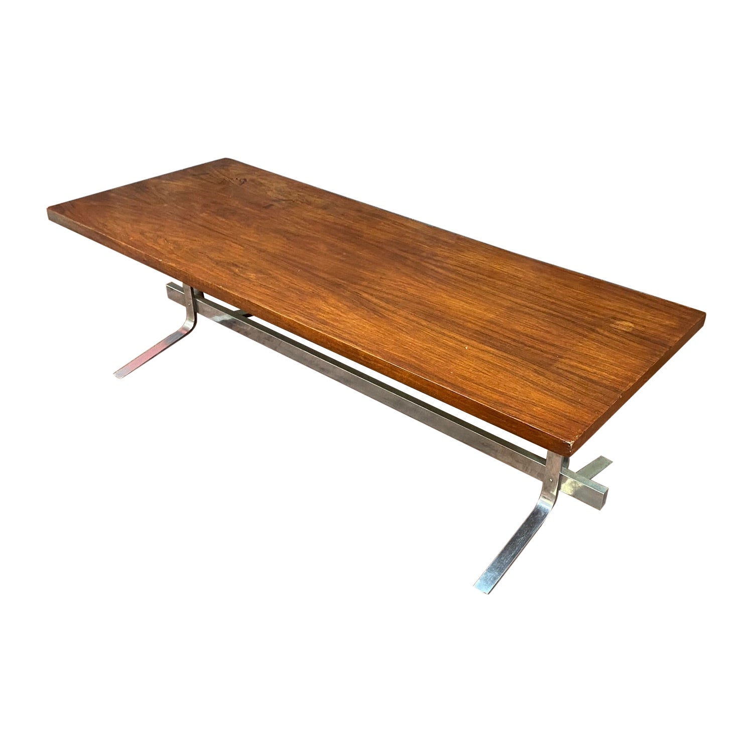 Coffee Table in Walnut Veneer and Polished Steel, circa 1970 For Sale