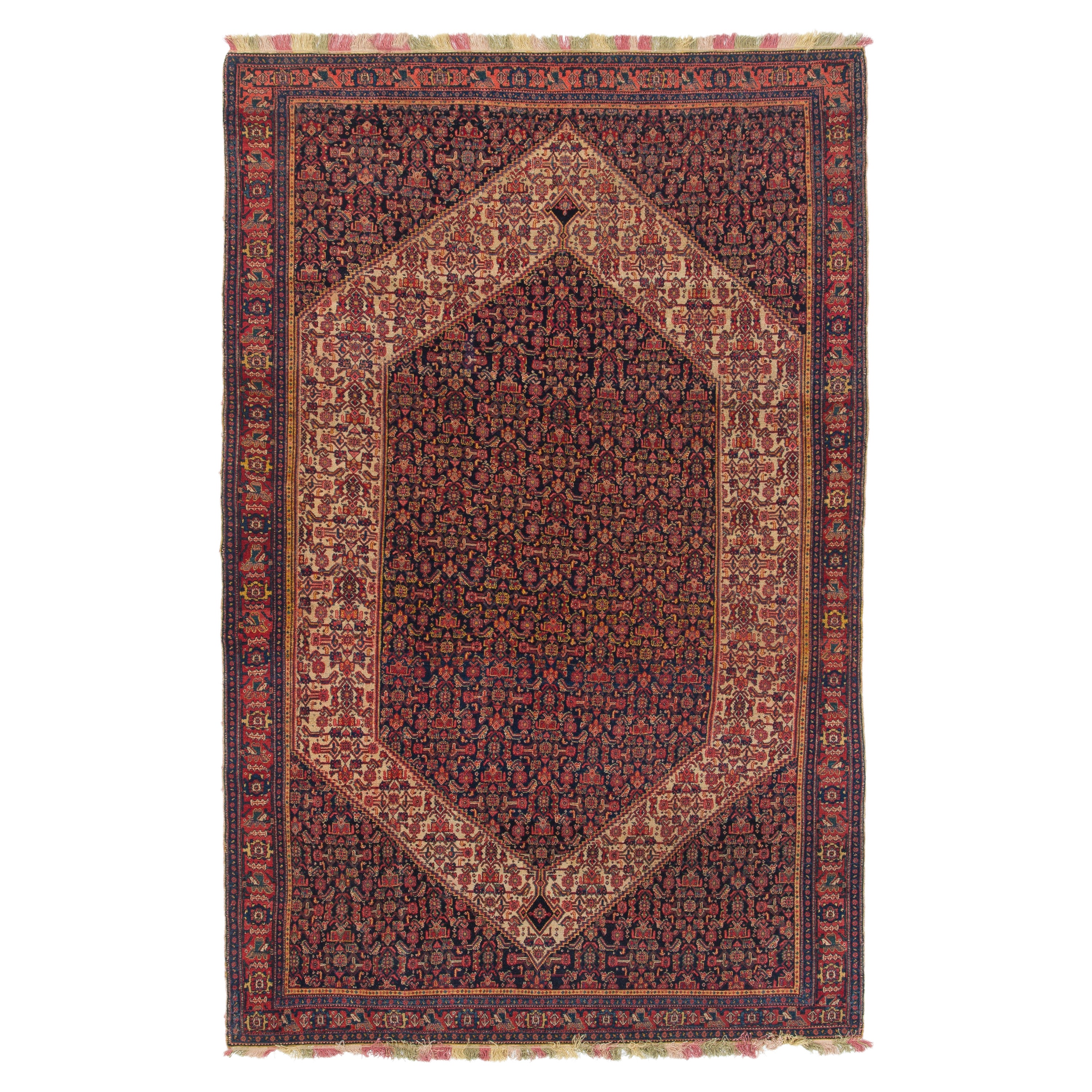 4.3x6.8 ft Feiner antiker persischer Senneh-Wollteppich mit bunten Seidenketten und -schüssen im Angebot