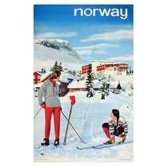 Original Vintage Railway Travel Poster Ski Norway Winter Sport Mountain Skiers