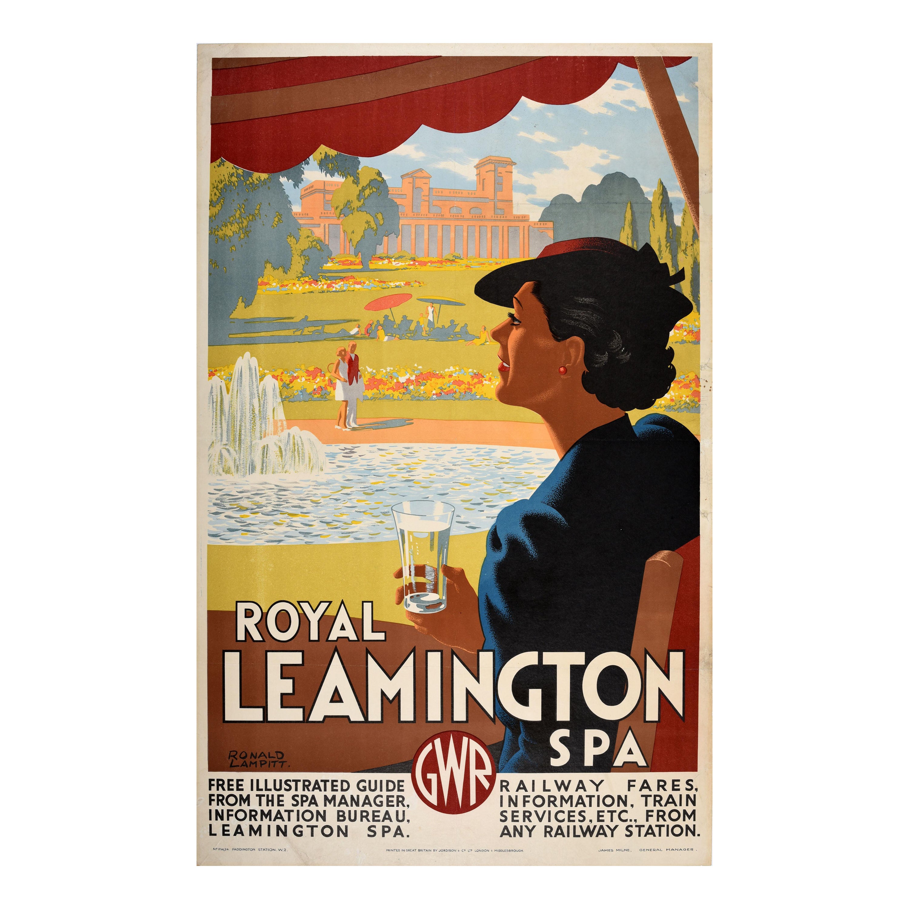 Affiche rétro originale de voyage en chemin de fer Royal Leamington Spa, GWR, Jephson Gardens en vente