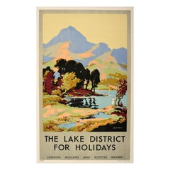 Affiche vintage originale de voyage en chemin de fer LMS, Lake District Holidays, Art de la montagne