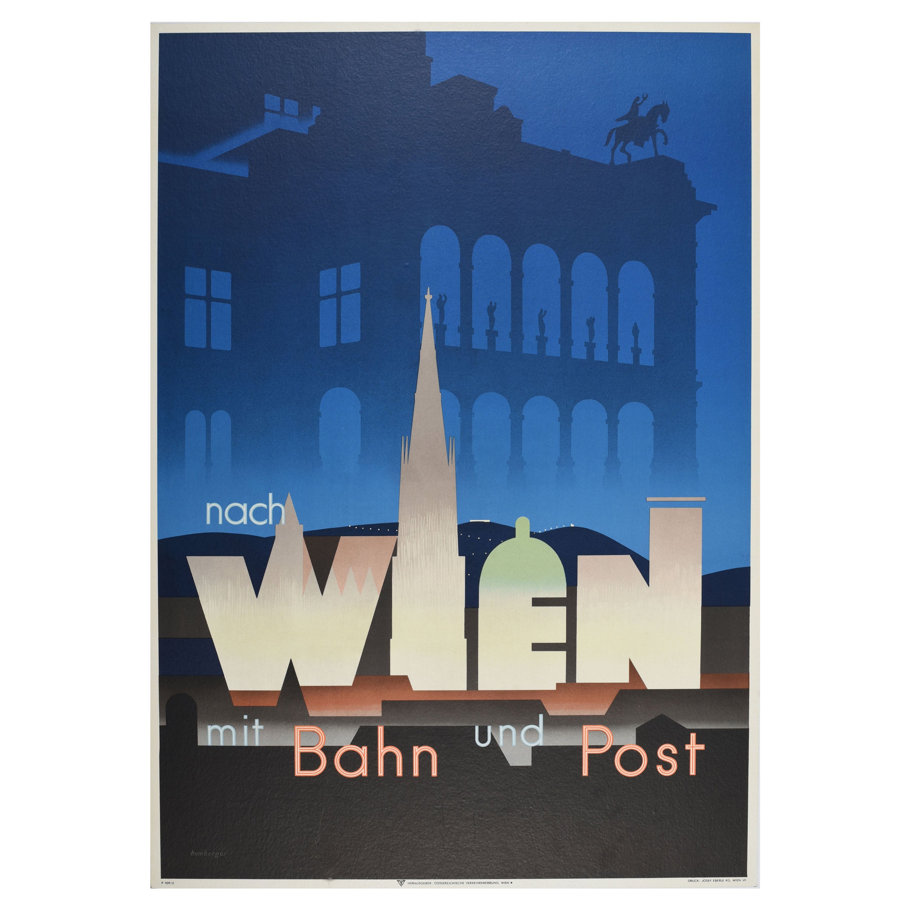Original Vintage Railway Travel Poster Nach Wien Vienna City Architecture Design