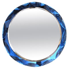 Vintage 1960s Large Round Italian Bevelled Edged Clear Glass & Deep Blue Framed Mirror